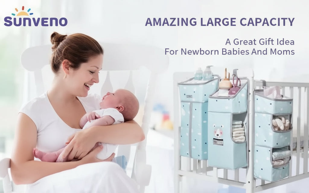 Woman holding a baby with a diaper changing table in the background, featuring Sunveno branding.